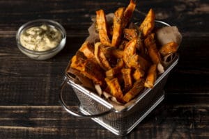 high-angle-sweet-potato-fries-sauce
