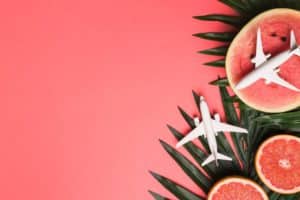 composition-small-airplanes-plant-leaves-grapefruit-watermelon_23-2148169848