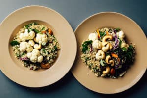 Cauliflower and fresh lettuce leaves in healthy quinoa salad